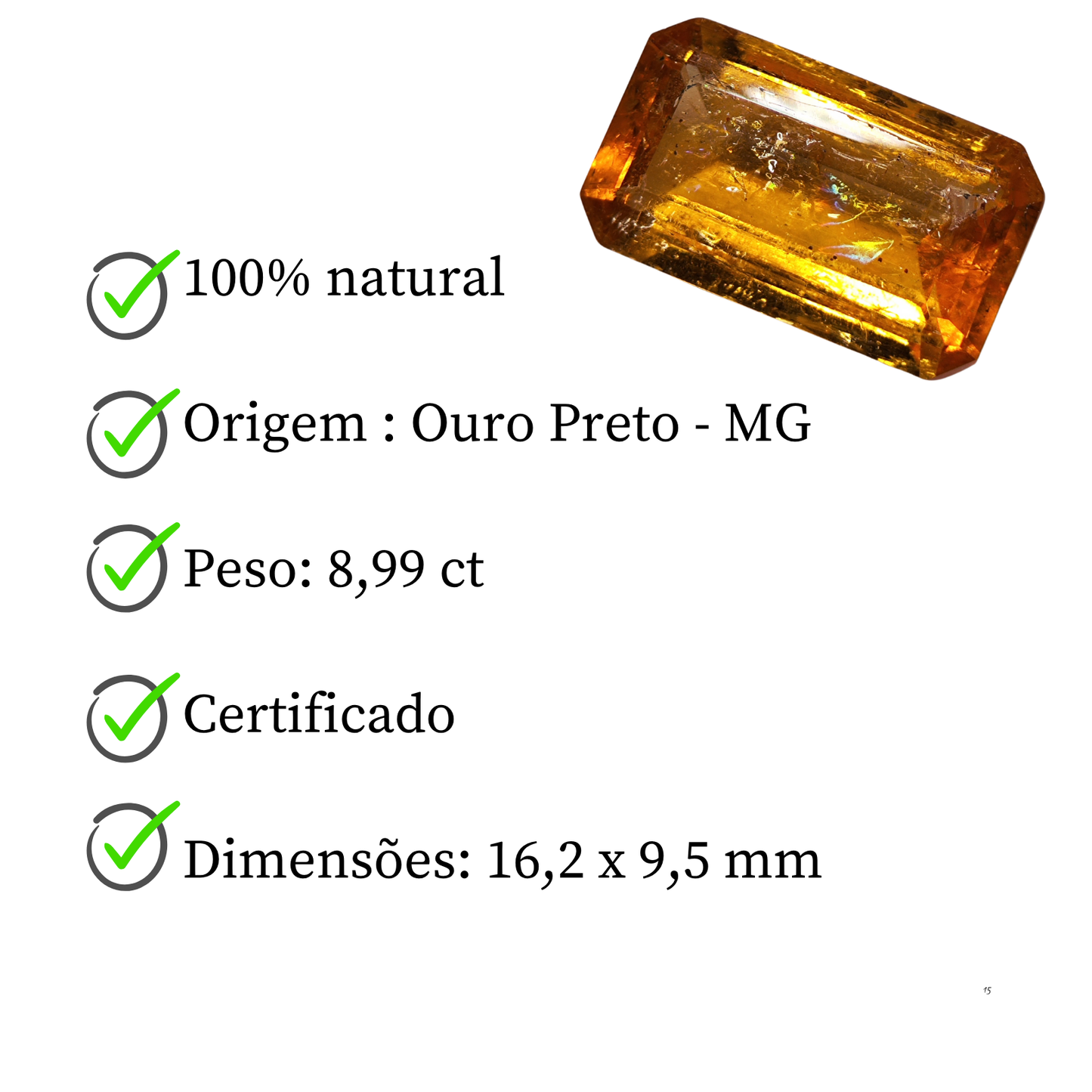 Topázio Imperial Retangular Natural –16,2 x 9,5 mm - 8,99 ct