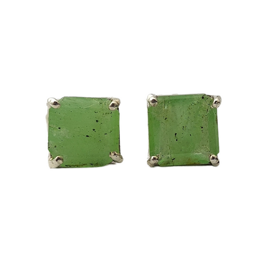 Brinco em Prata 950 com Esmeralda Natural- Lpidação Quadrada • 6 × 6 mm