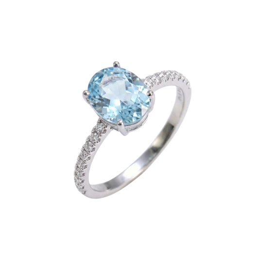 Anel de Prata 950 com Água-Marinha Natural Oval e Zircônias