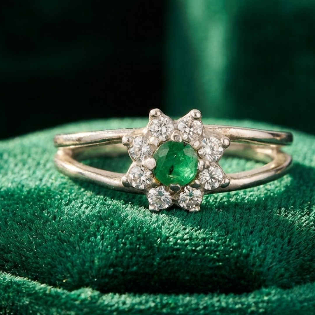 Anel em Prata 950 com Esmeralda Natural Redonda  3 mm com Zircônias