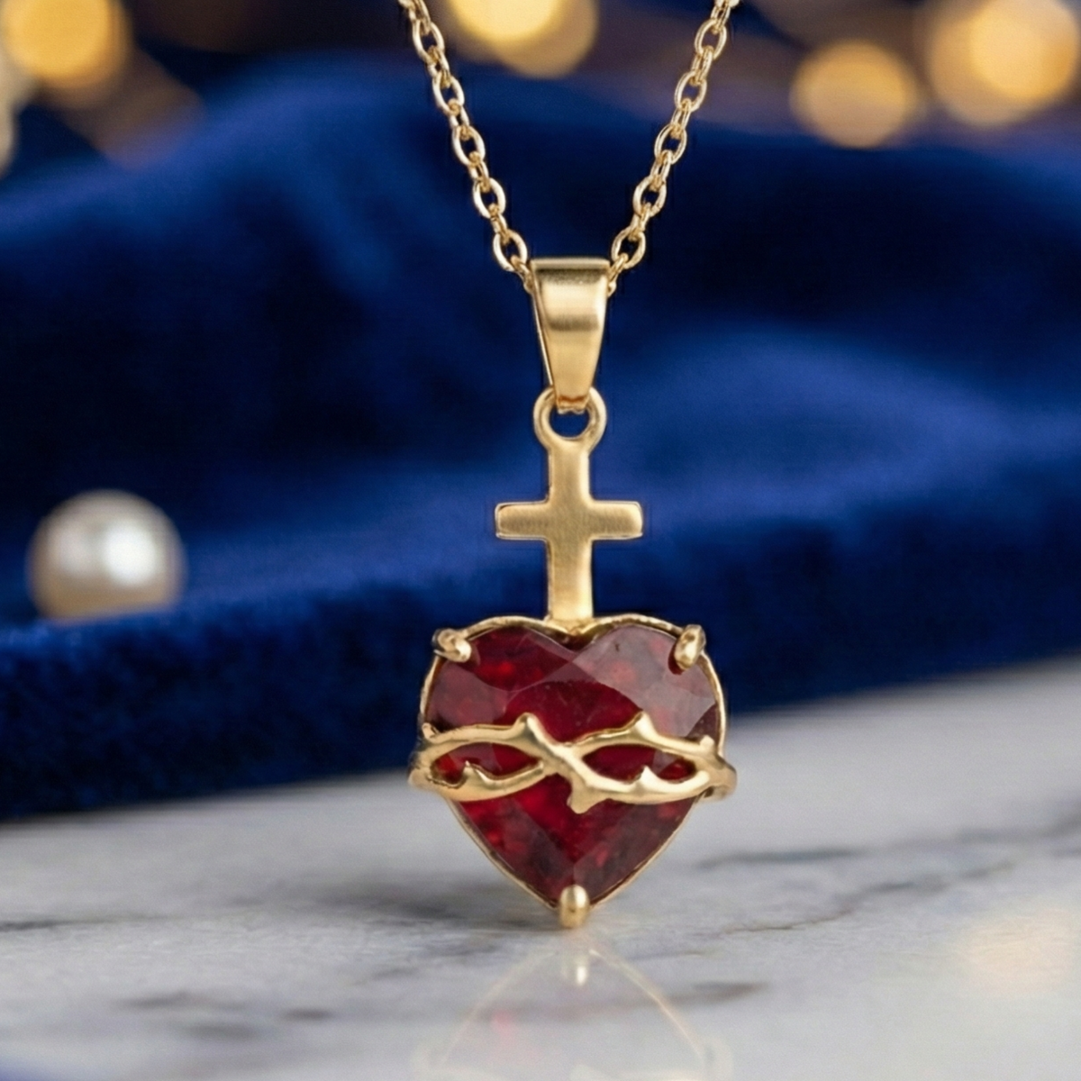 Colar Sagrado Coração de Jesus em Ouro Amarelo 18K com Rubi Natural