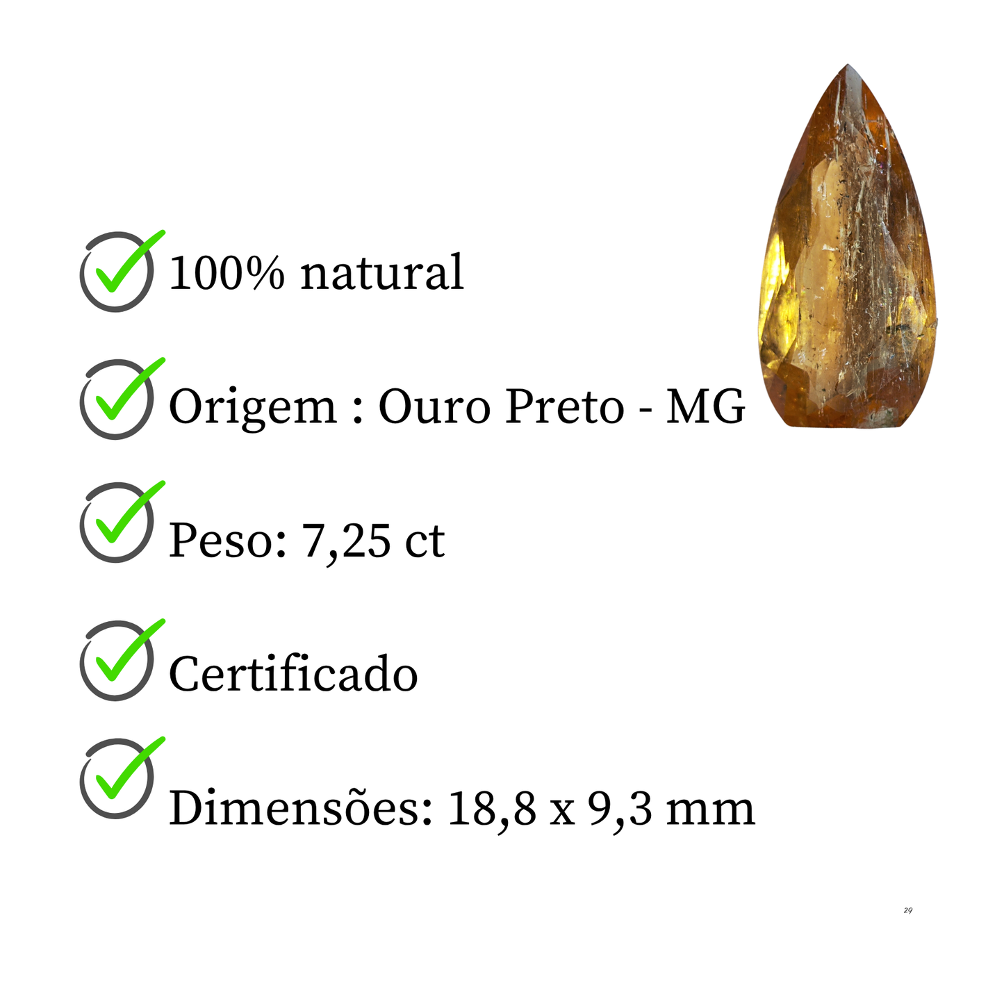 Topázio Imperial Gota Natural – 18,8 x 9,3 mm - 7,25 ct