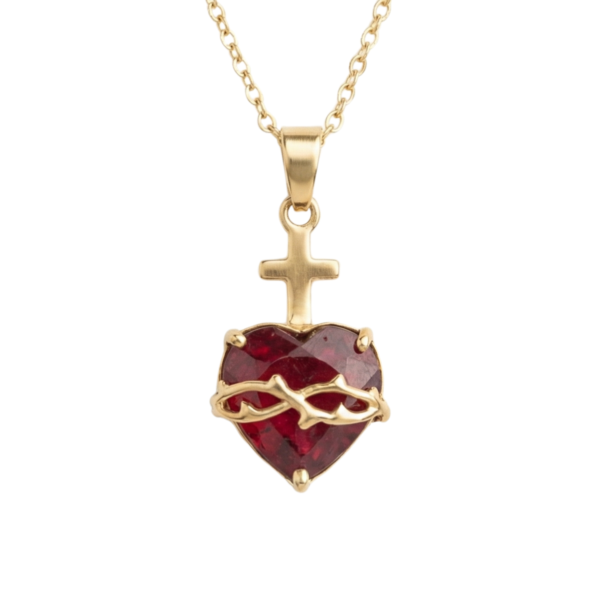 Colar Sagrado Coração de Jesus em Ouro Amarelo 18K com Rubi Natural