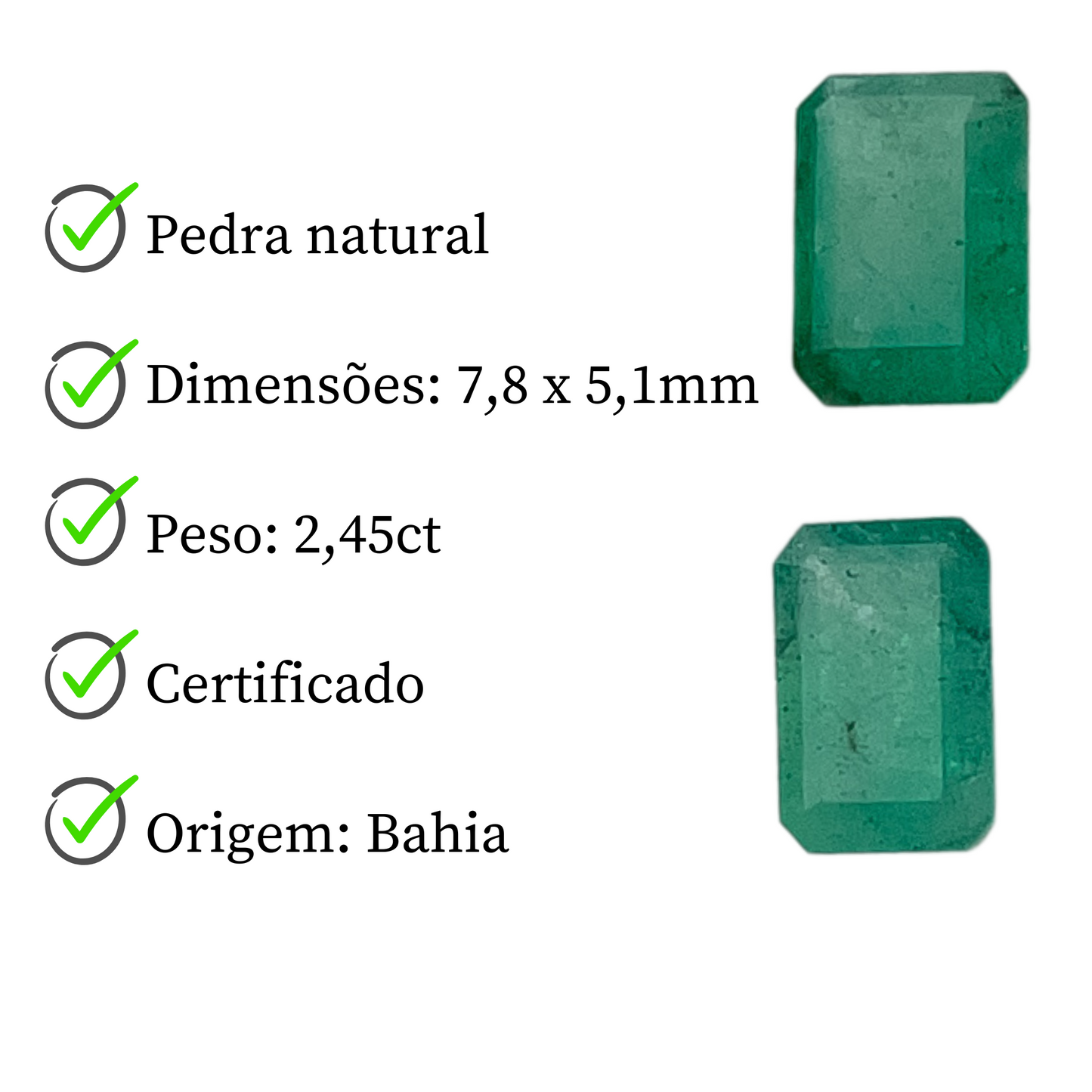 Par de Esmeraldas Naturais  Lapidada - Retangulat - 2,45ct / 7,8 x 5,1 mm