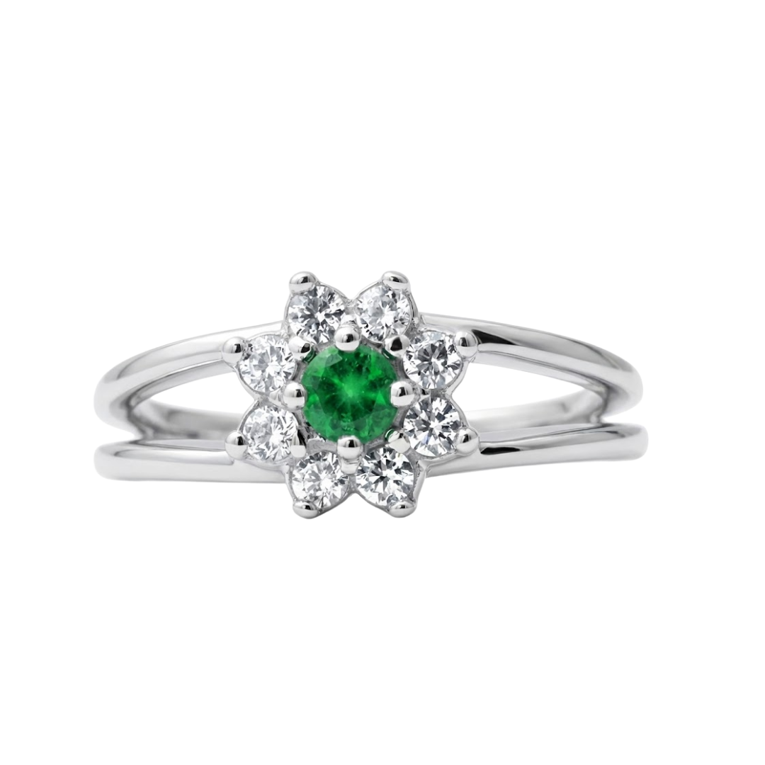 Anel em Prata 950 com Esmeralda Natural Redonda 3 mm com Zircônias