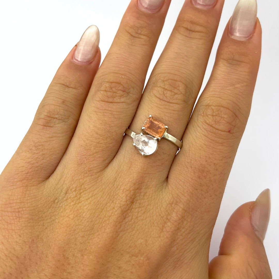 Anel em Prata 950 com Topázio Imperial Rose e Morganita Natural – Modelo Regulável