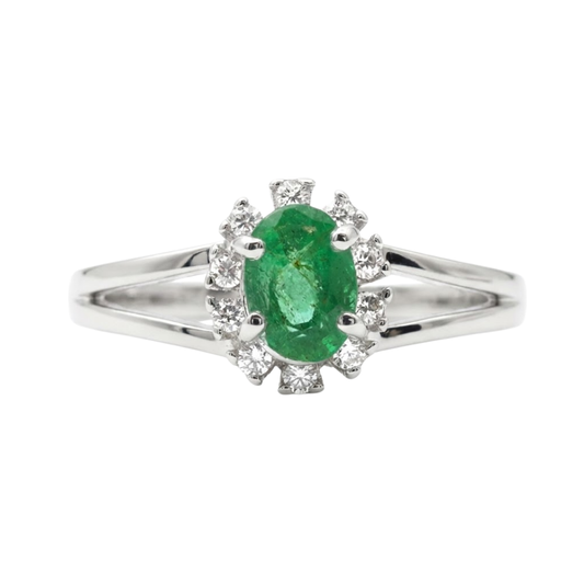 Anel em Prata 950 com Esmeralda Natural Oval 5 × 4 mm com Zircônias