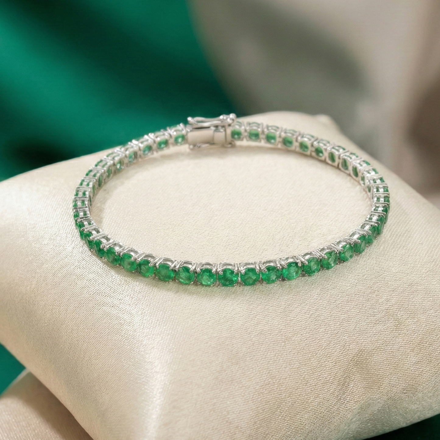 Pulseira Riviera em Prata 950 com Esmeraldas Naturais 3 mm -  17 cm