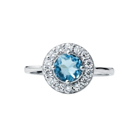 Anel em Prata 950 com Topázio Azul  Natural Redonda  6 mm com Zircônias