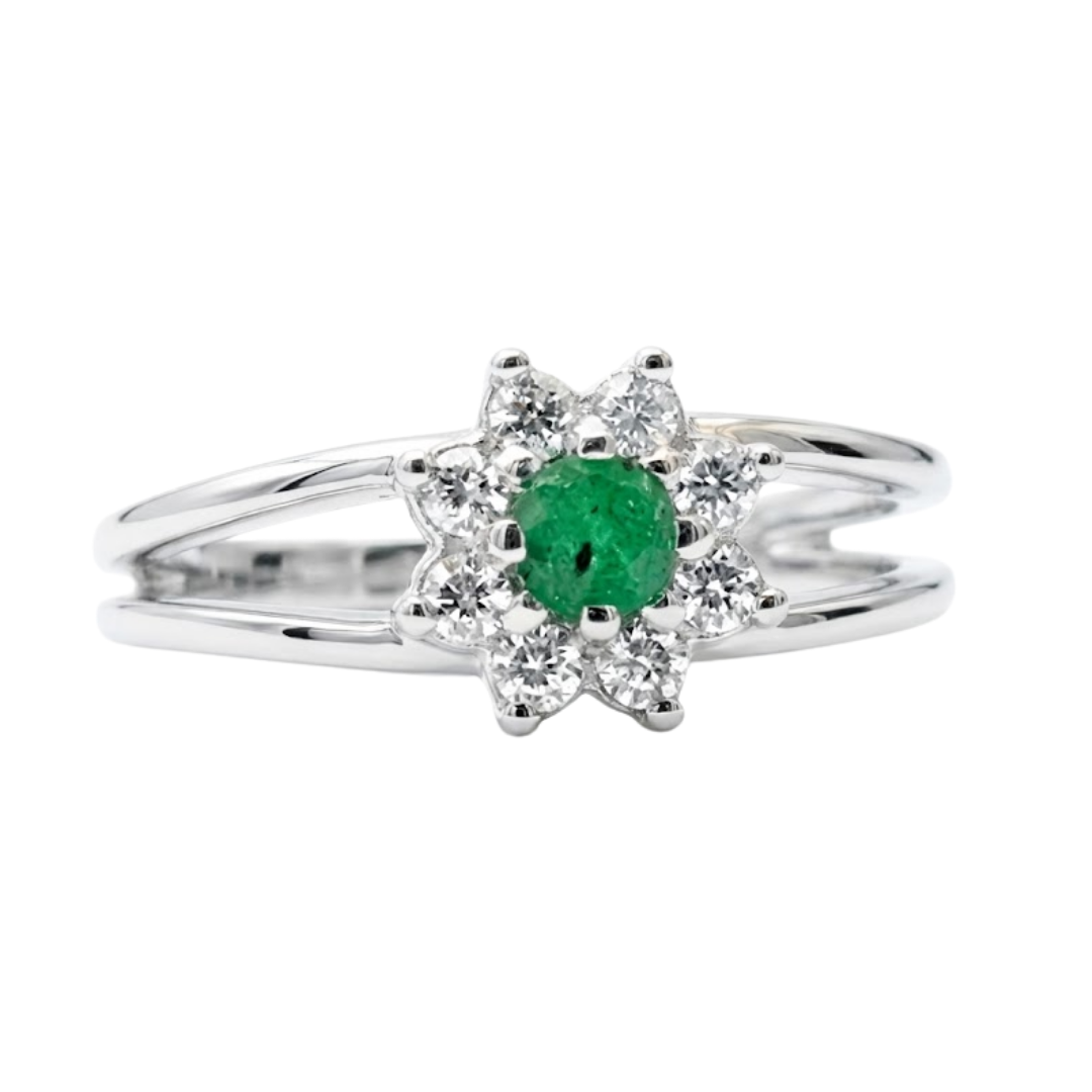 Anel em Prata 950 com Esmeralda Natural Redonda  3 mm com Zircônias