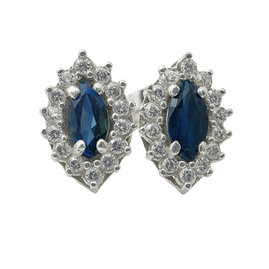 Brinco na Prata 950 com Safira Natural - Lapidação Navete com Zircônias