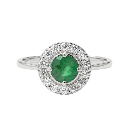 Anel em Prata 950 com Esmeralda Natural Redonda 5,5 mm com Zircônias