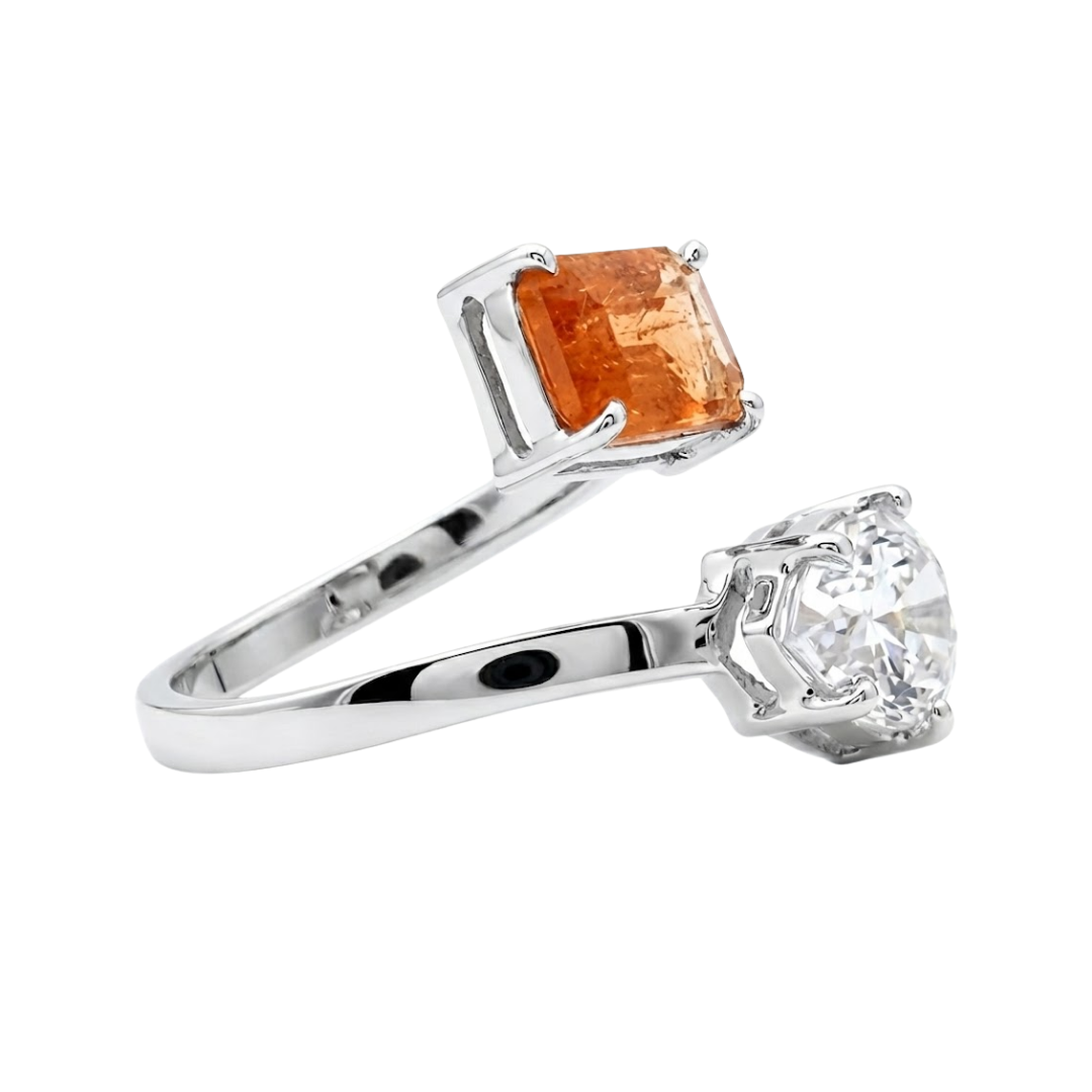 Anel em Prata 950 com Topázio Imperial Rose e Morganita Natural – Modelo Regulável