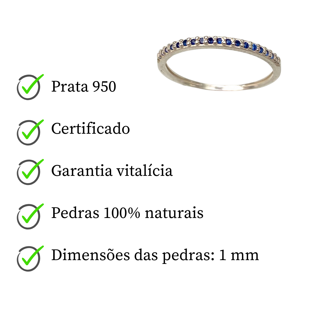 Anel Meia Aliança de Prata 950 com Zircônia Azul