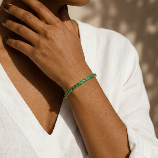 Pulseira Riviera Ouro Amarelo 18k com Esmeraldas Naturais 3 mm - 17 cm
