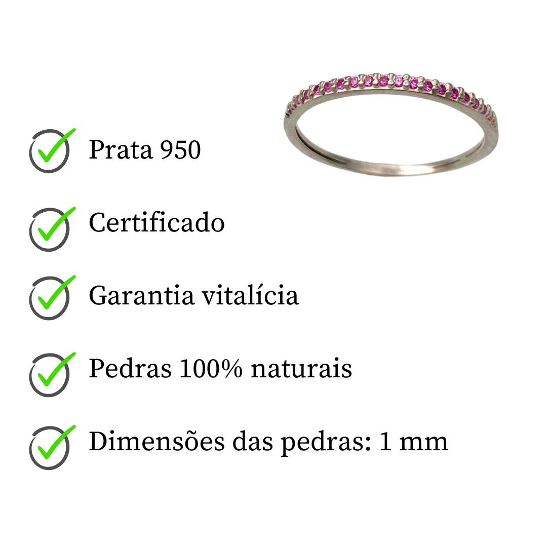 Anel Meia Aliança de Prata com Zircônia Rosa