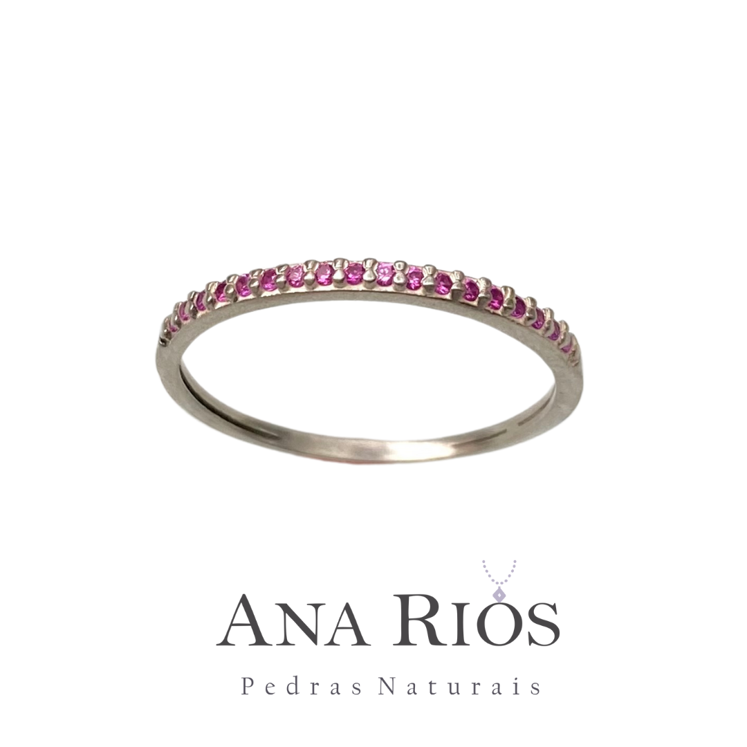 Anel Meia Aliança de Prata com Zircônia Rosa