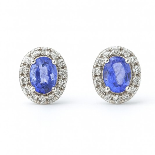 Brinco  de Ouro Branco 18K com Tanzanita Natural Oval e Diamantes