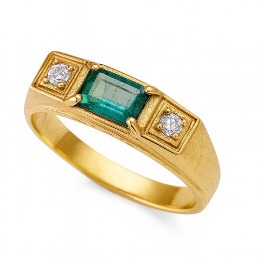 Anel Masculino de Ouro 18K com Turmalina Natural Retangular e Zircônias - Anel de Formatura