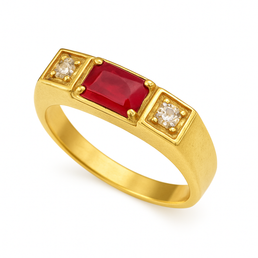 Anel Masculino de Ouro 18K com Rubi Natural Retangular e Zircônias - Anel de Formatura