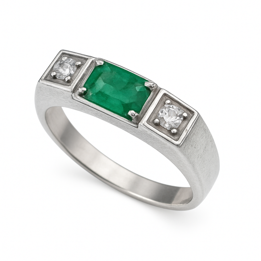 Anel Masculino de Prata 950 com Esmeralda Natural Retangular - Anel de Formatura