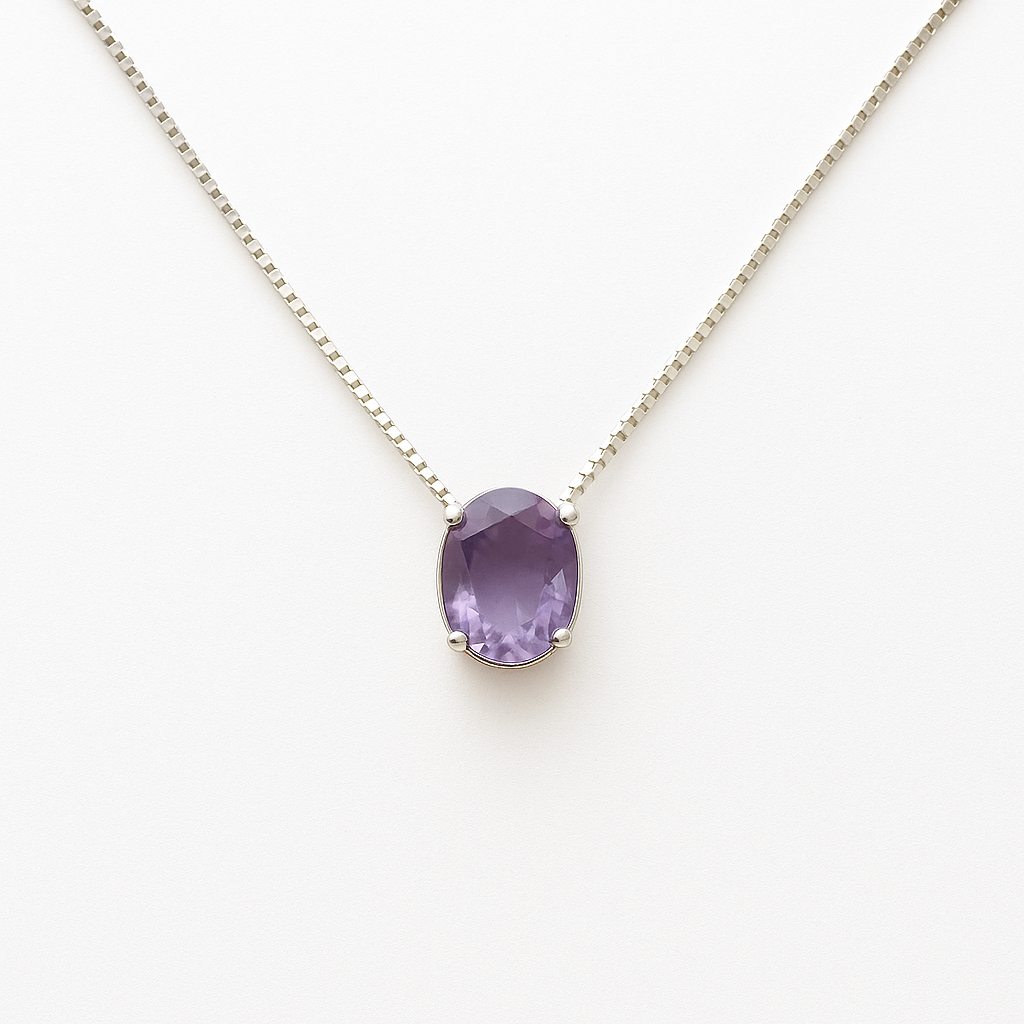 Colar e Pingente de Prata com Ametista Oval