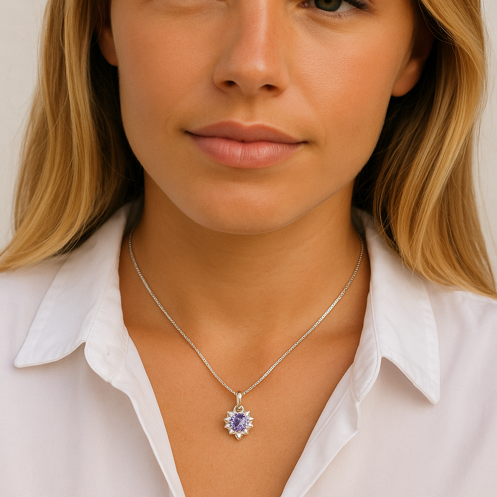 Colar e Pingente de Prata com Coração Ametista