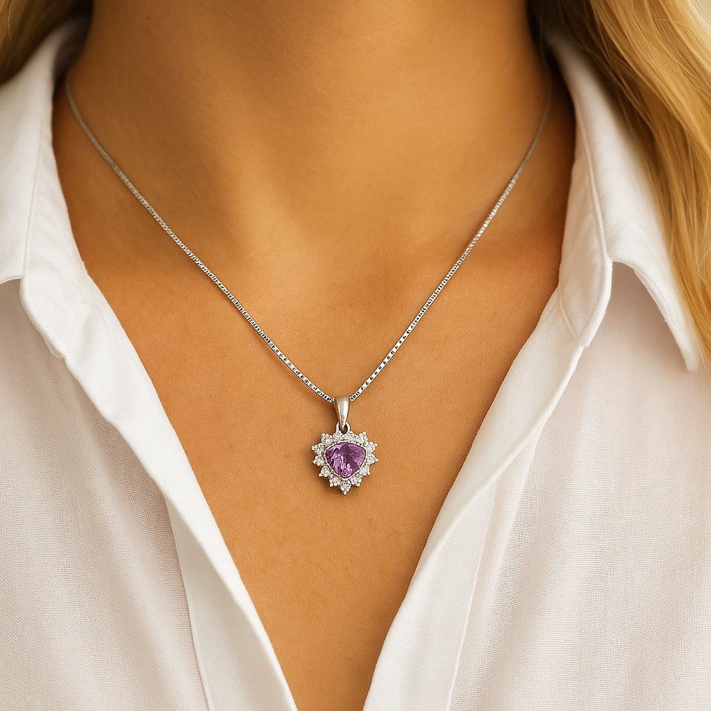 Colar e Pingente de Prata com Coração Ametista