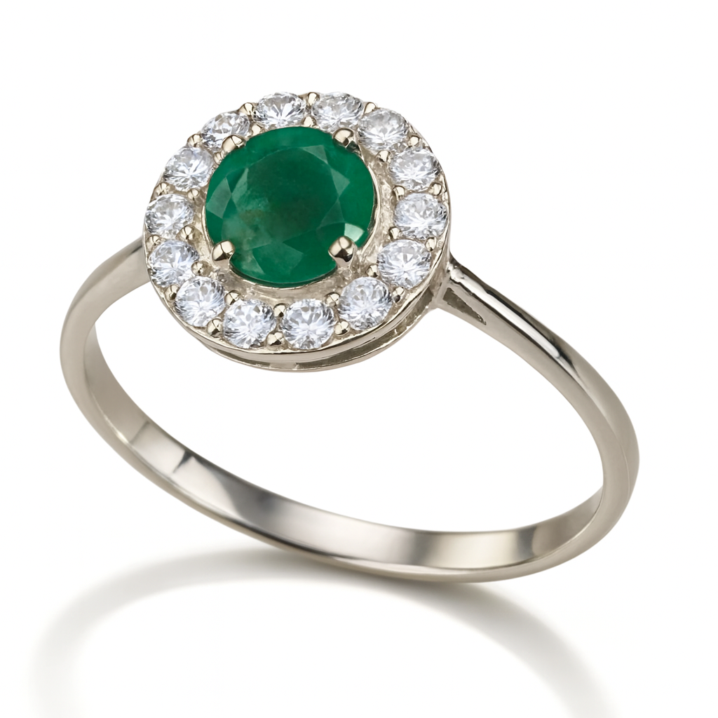Anel de Prata 950 com Esmeralda Natural Redonda e Zircônias
