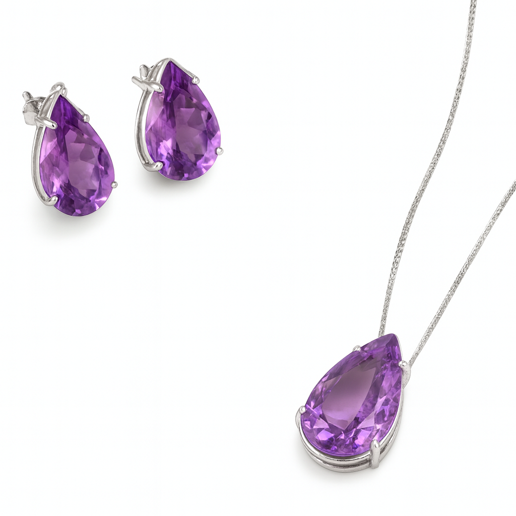 Conjunto Colar e Brinco de Prata com Ametista