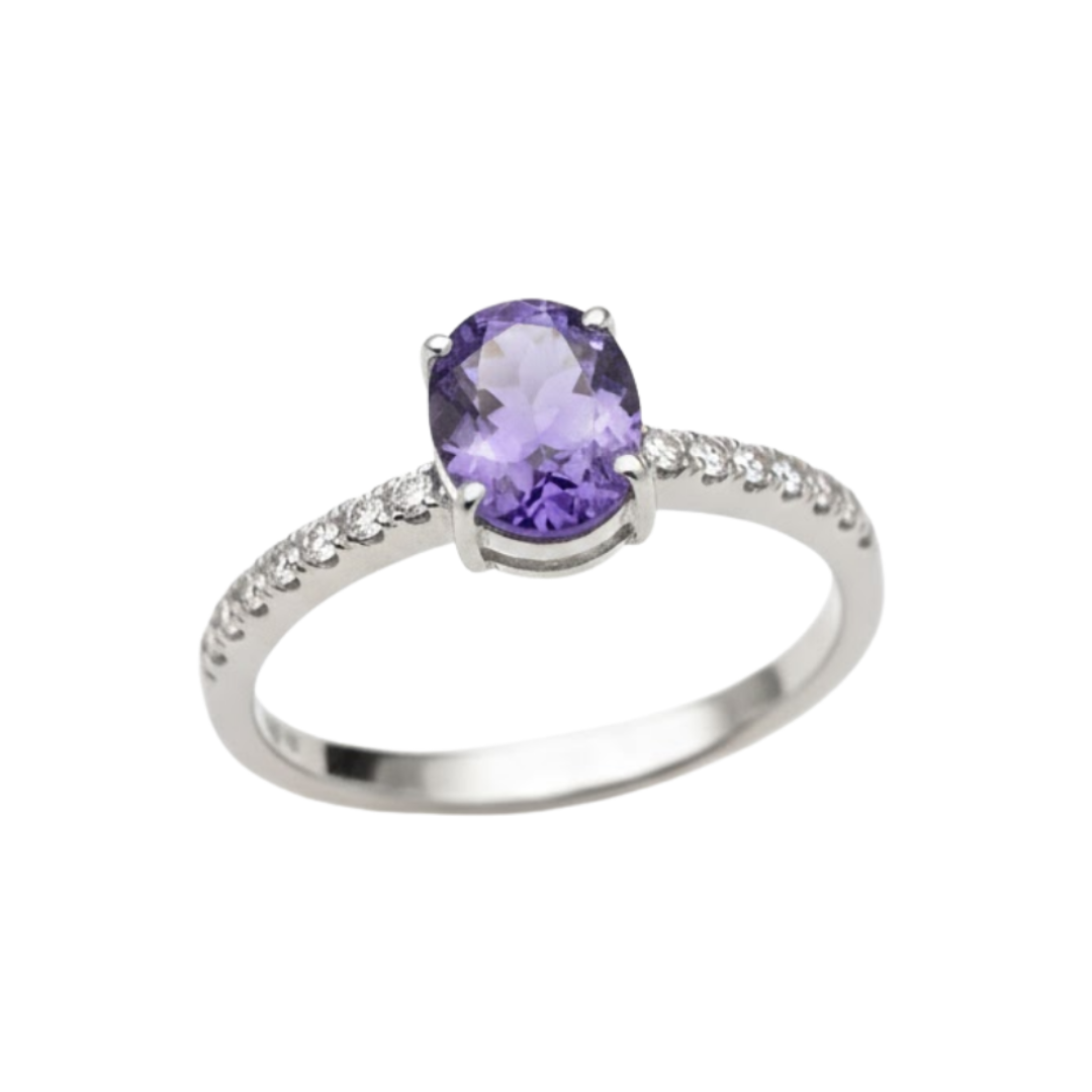 Anel Ouro Branco 18K com Tanzanita Natural e Diamantes