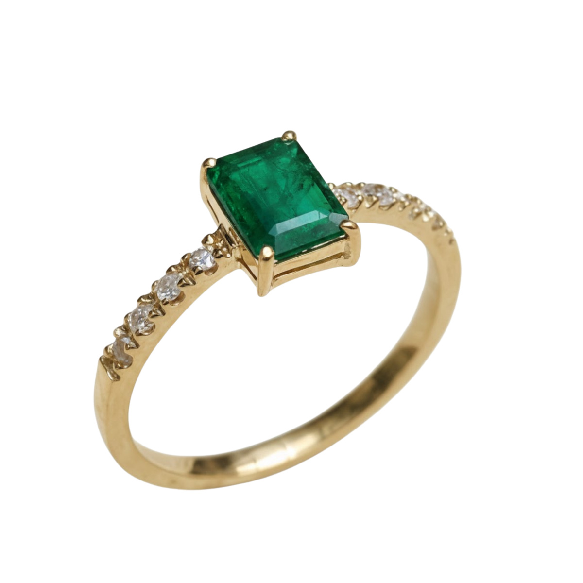 Anel de Ouro 18K com Esmeralda Retangular e Diamantes Naturais