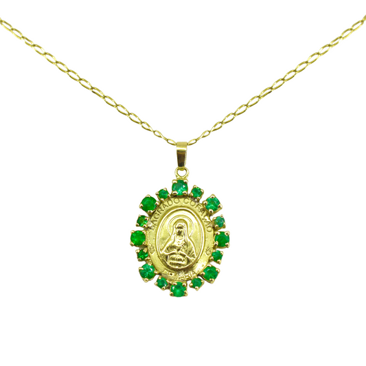 Medalha Imaculado Coração de Maria Esmeraldas Ouro 18k