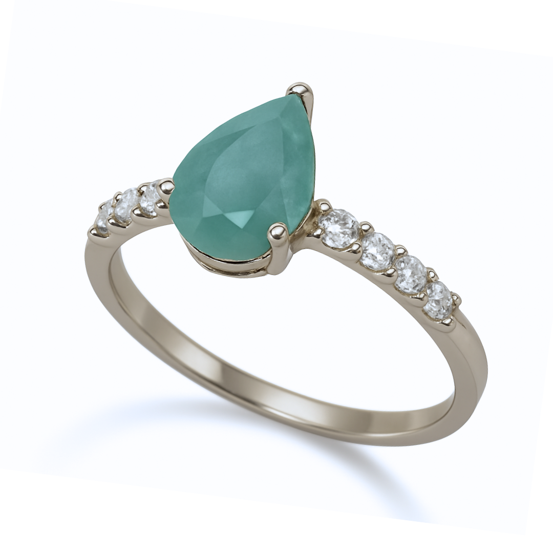 Anel de Prata 950 com Esmeralda Natural Gota e Zircônias
