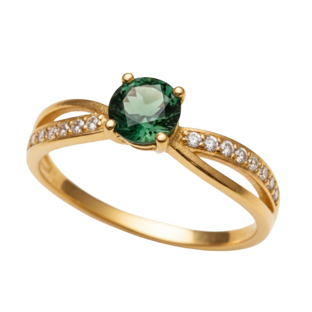 Anel de Ouro 18K com Turmalina Verde e Zircônias Naturais