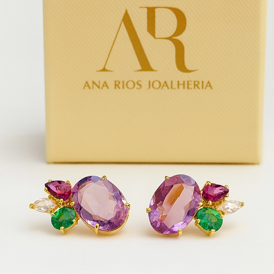 Brincos Lara Brener: Ouro 18K com Pedras Naturais