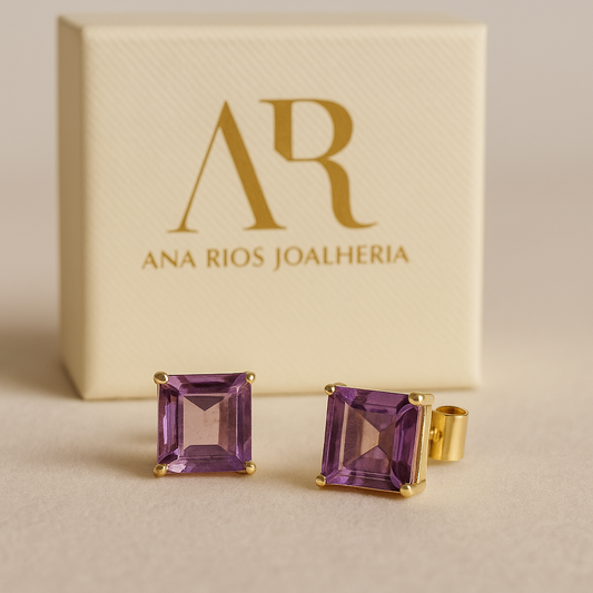 Brincos de Ouro 18K com ametista natural