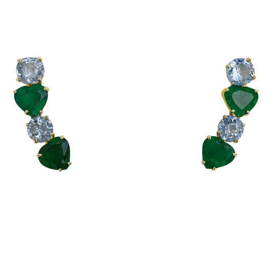Brinco Ear Cuff em Ouro 18 K com Esmeralda e Água-Marinha