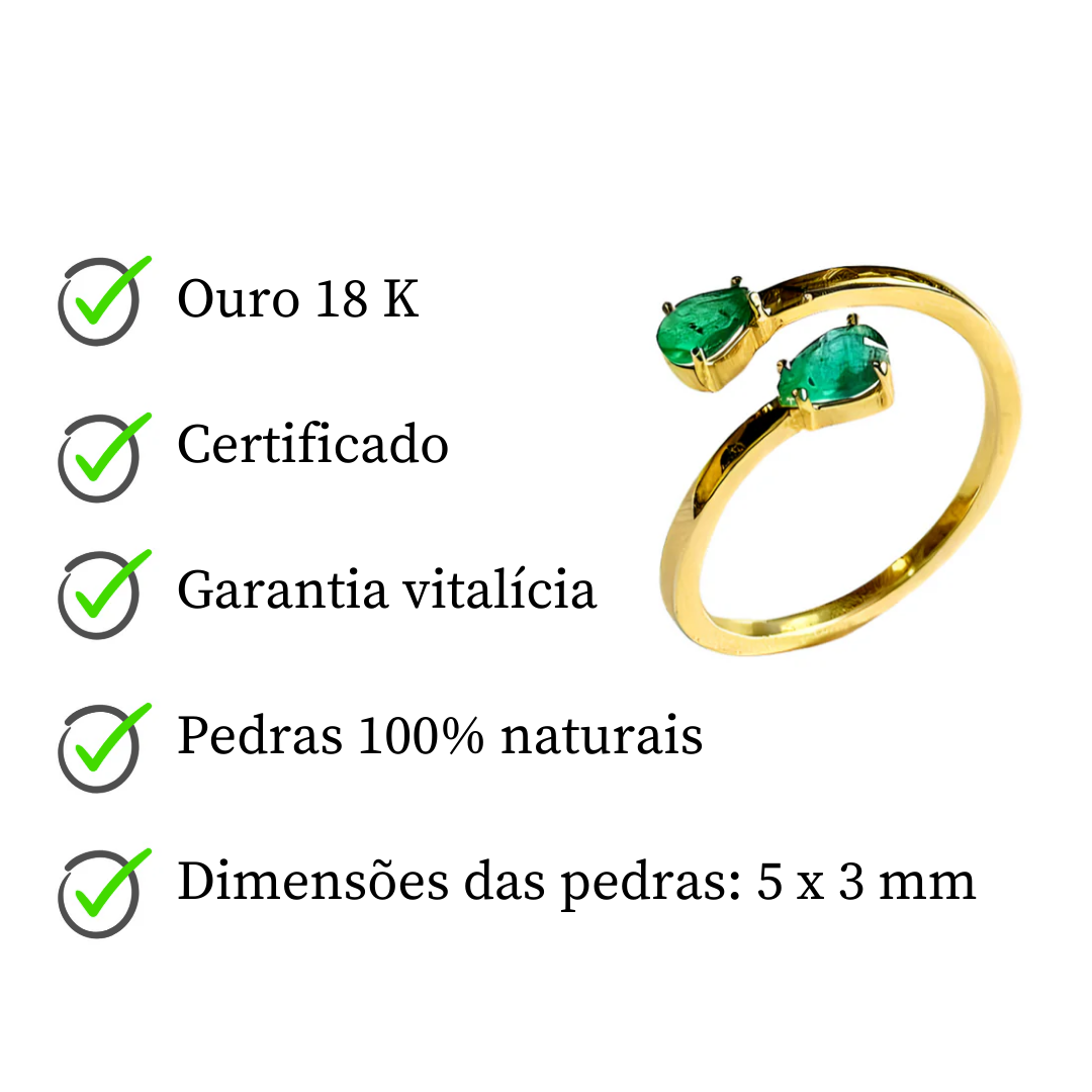 Anel  de Ouro 18 K com Esmeraldas Naturais em Gota