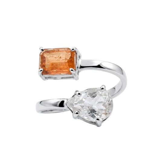 Anel em Prata 950 com Topázio Imperial Rose e Morganita Natural – Modelo Regulável