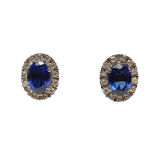 Brincos de ouro branco com safira e diamantes